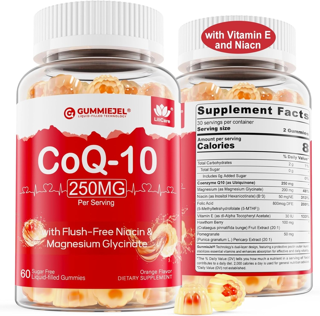 Sugar Free CoQ10 Gummies 250MG, Coenzyme Q10 w/Magnesium Glycinate, Niacin No-Flush Vitamin B3, E & Folic Acid, High Abase CoQ10 for HEA-rt, Hücreler Enerji & Antioksit