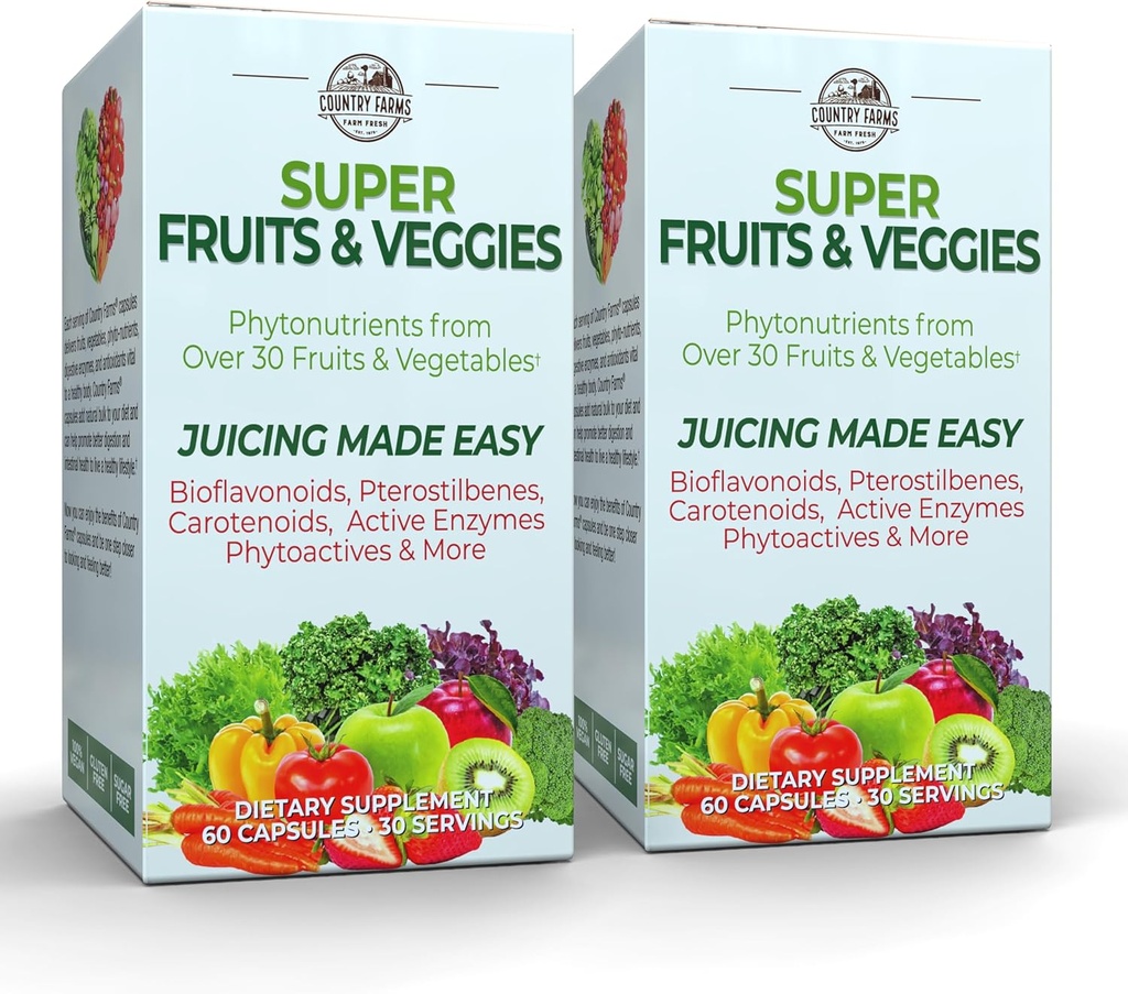 COUNTRY FARMS Super Fruits ve Veggies Capsules, Whole Food Supplement, Güçlü Antioksi, Supports Energy, Immune Health, Boosts Digestive Health, 30 Organik Süper Gıdalar, 60 Hizmetler, 2 Pack