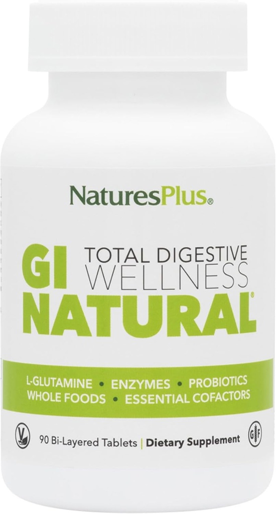NaturesPlus GI Natural Total Digestive Wellness - 90 Διπλωμένα δισκία - με L-Γλουταμίνη, Προβιοτικά, Πρεβιοτικά & Ένζυμα - Χωρίς γλουτένη - 30 Σερβιέτες