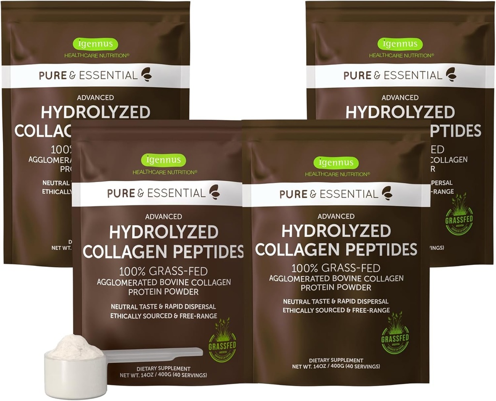 Igennus% 100 Grass Fed Bovine Collagen protein Toz, En Yüksek Sınıf Hydrolyzed Collagen, Tip 1, 2 & 3, for Women & Men, Non-GMO, Free Range, Clean Label, Easy Mix, 4 x 40 Servisler