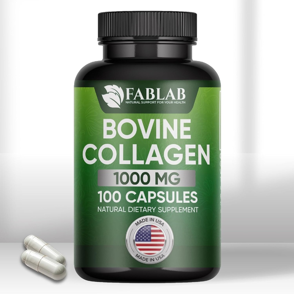 FabLab Bovine Collagen Τύπου I συμπλήρωμα - Συμπλήρωμα διατροφής για την υποστήριξη των αρθρώσεων, των νεύρων και των οστών - Μη ΓΤΟ, Αντιγηραντικό Διαιτητικό Προϊόν με υδρολυμένα πεπτίδια - 100 κάψουλες