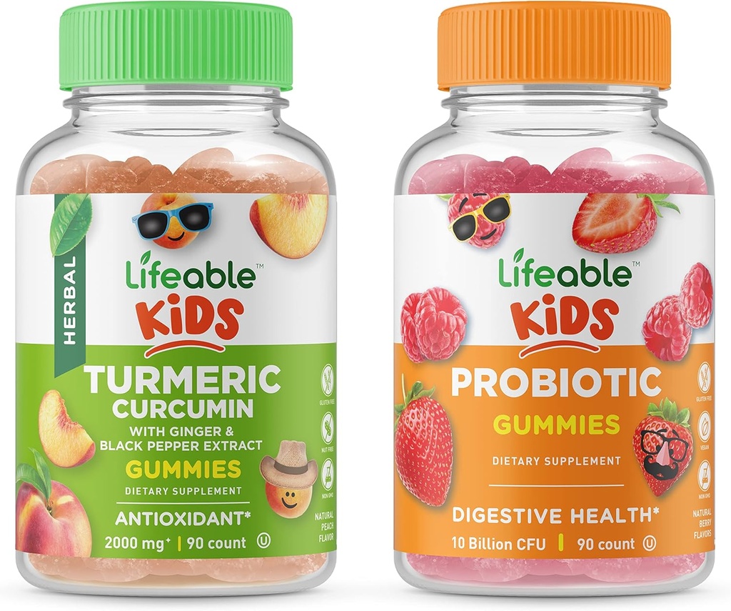 Lifeable Turmeric Curcumin Kids + Probiyotiks 5 Milyar Çocuk, Gummies Sche - Great Tasting, Vitamin Supplement, Gluten Free, GMO Free, Chewable Gummy