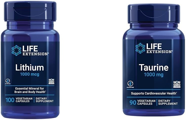 Life Extension Lithium 1000 mcg and Taurine 1000 mg - Brain Health, Anti-Aging, Longevity, Memory, Cognition, Mood, Heart, Liver, Muscle and Exercise Support - 100 Count