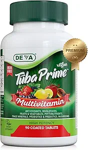 DEVA Tuba Prime Vegan Multivitamin Iron-Free - High-Potency Vitamin & Mineral Diyeter Supplement - Antioksis, Meyve & Sebze, Super Mushrooms, Probiyotiks, Prebiyotiks, Tohumlar, 90 Tabs,