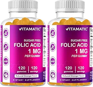Vitamatic Folic Asit Gummies 1000 mcg (1 mg) – Anne ve Bebek için Temel Prenatal Vitamin B9 – Şişe başına 120 Vegan Gummies – 2 Pack