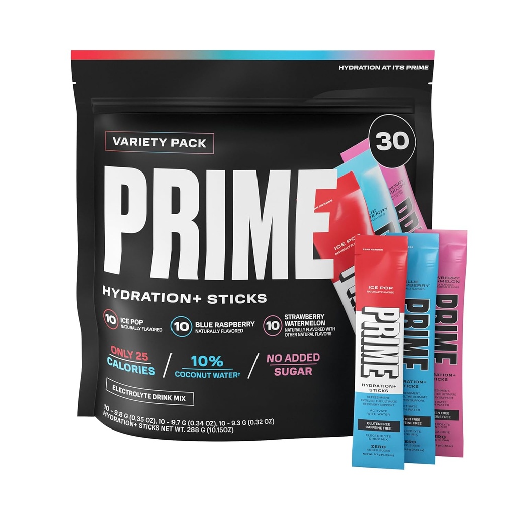 PRIME HYDRATION+ Sticks Diversity Pack | Hydration Toz Single Serve Sticks | Electrolyte Toz On The Go | Low Sugar | Caffeine-Free | Vegan | 30 Sticks