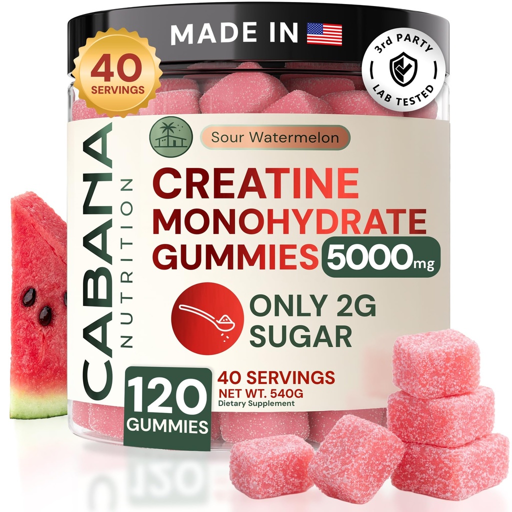 Kretine Monohidrat Gummies 5g - Watermelon Kadın ve Erkekler için Kreat - Tamam Destekler Kas Kazan, Enerji, Pre ve Post Workout, Focus & Cognition, Recovery (120 sayı, 40 hizmet)