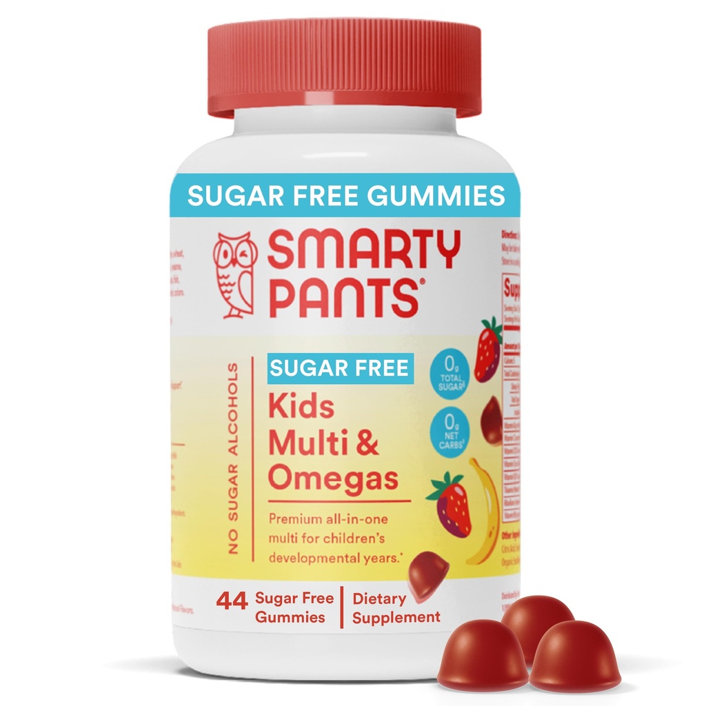 SmartyPants Kids Multivitamin Gummies, Sugar Free: Omega 3 (ALA), Vitamin D3, C, B12, B6, A, K & Çinko Immune Support, Biotin, Erythritol Free, Strawberry Banana, 44 Kont (22 Day Supply)