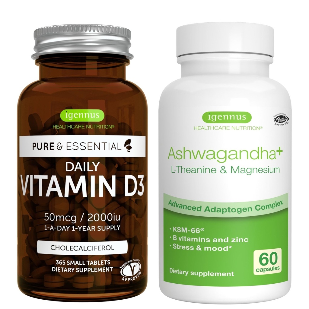 Daily D3 + Ashwagandha+ L-Theanine & Magnezyum Vegetarian Sche, 365 2000iu Vitamin D3 Tabletler + 600 mg KSM-66 Ashwagandha ile çinko & B Vitaminleri, Igennus