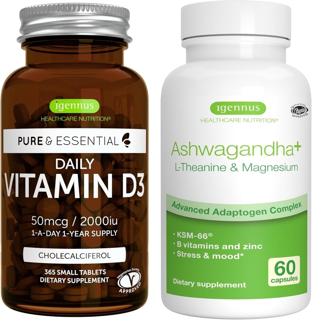 Daily D3 + Ashwagandha+ L-Theanine & Magnezyum Vegetarian Sche, 365 2000iu Vitamin D3 Tabletler + 600 mg KSM-66 Ashwagandha ile çinko & B Vitaminleri, Igennus