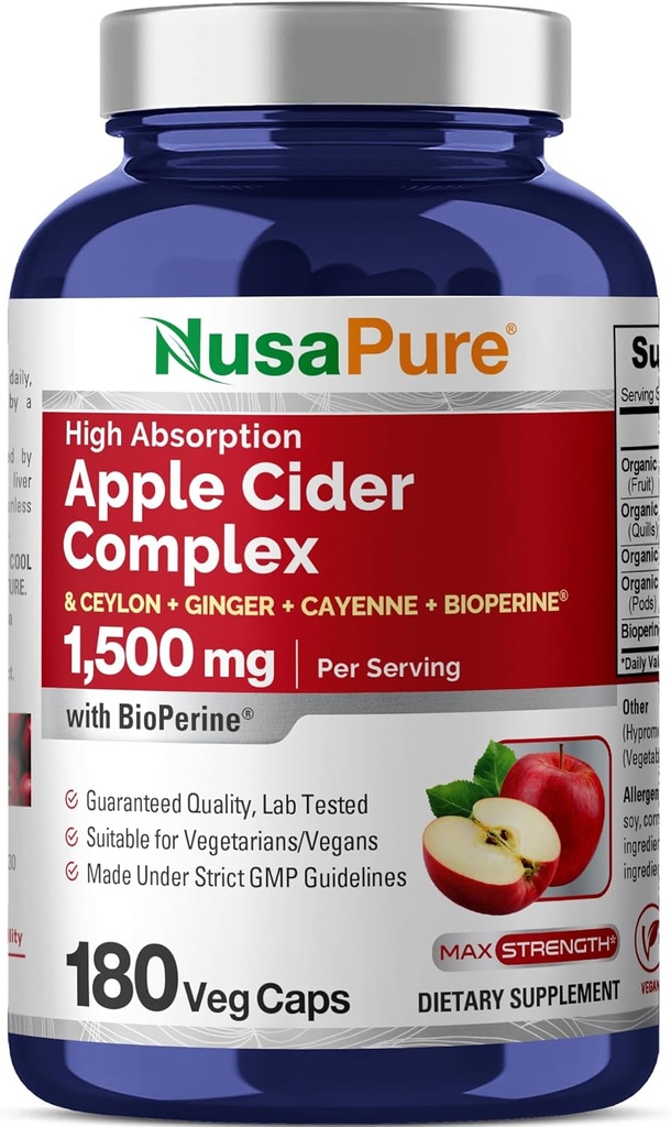 NusaPure Apple Cider Vinegar Kompleksi 1500 mg 180 Veg Caps Vegetarians and Vegans, Non-GMOMO