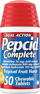 Pepcid Complete Acid Reducer + Antacid for Acid Reflux, 10mg Famotidine, 800mg Ασβέστιο Ανθρακικό & 165mg Μαγνήσιο Υδροξείδιο ανά Heartburn Tablet, Αντιόξινα μάσημα, Τροπικά Φρούτα, 50 ct