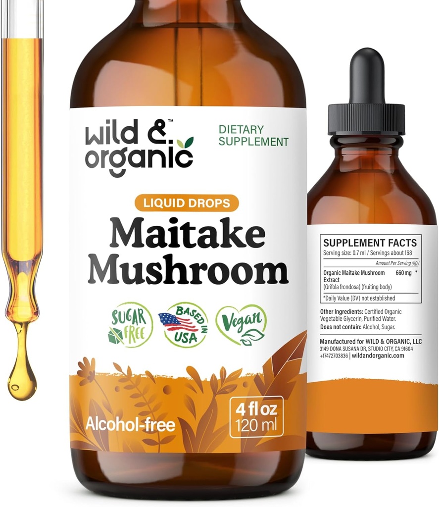 Wild & Organic Maitake Mushroom Tincture - Immune Support Supplement - Liquid Maitake Mushroom Extract - Vegan, Sugar & Alkol-Free Drops - 4 fl ozz