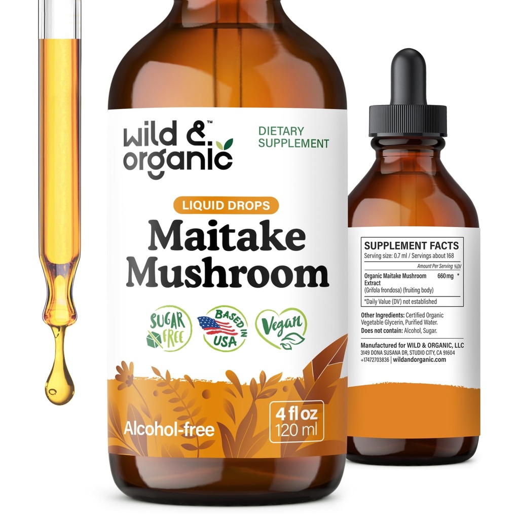 Wild & Organic Maitake Mushroom Tincture - Immune Support Supplement - Liquid Maitake Mushroom Extract - Vegan, Sugar & Alkol-Free Drops - 4 fl ozz