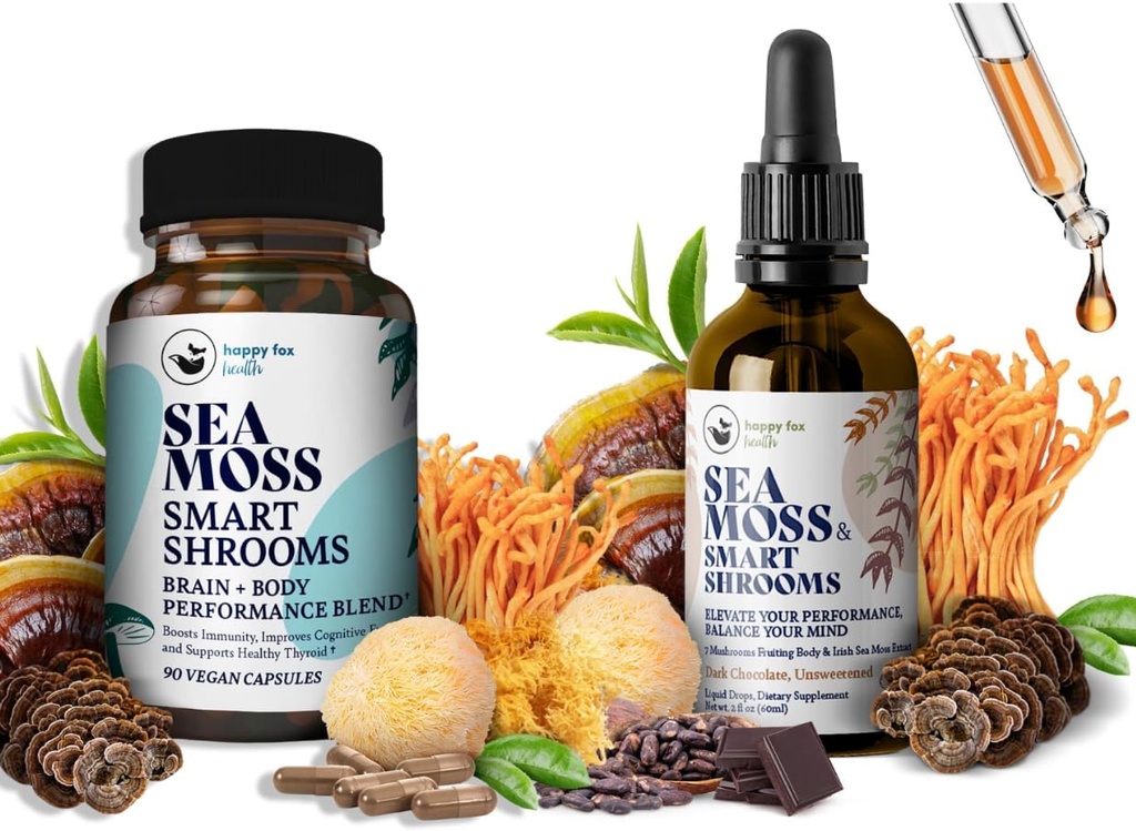 Beyin Superfoods Sche - Organik Deniz Moss & Smart Shrooms, Capsules and Liquid Drops Sche, Organik İrlandalı Denizmosları ve 7 Adaptojenik Supplements for Memory and Focus. Çikolata Flavori
