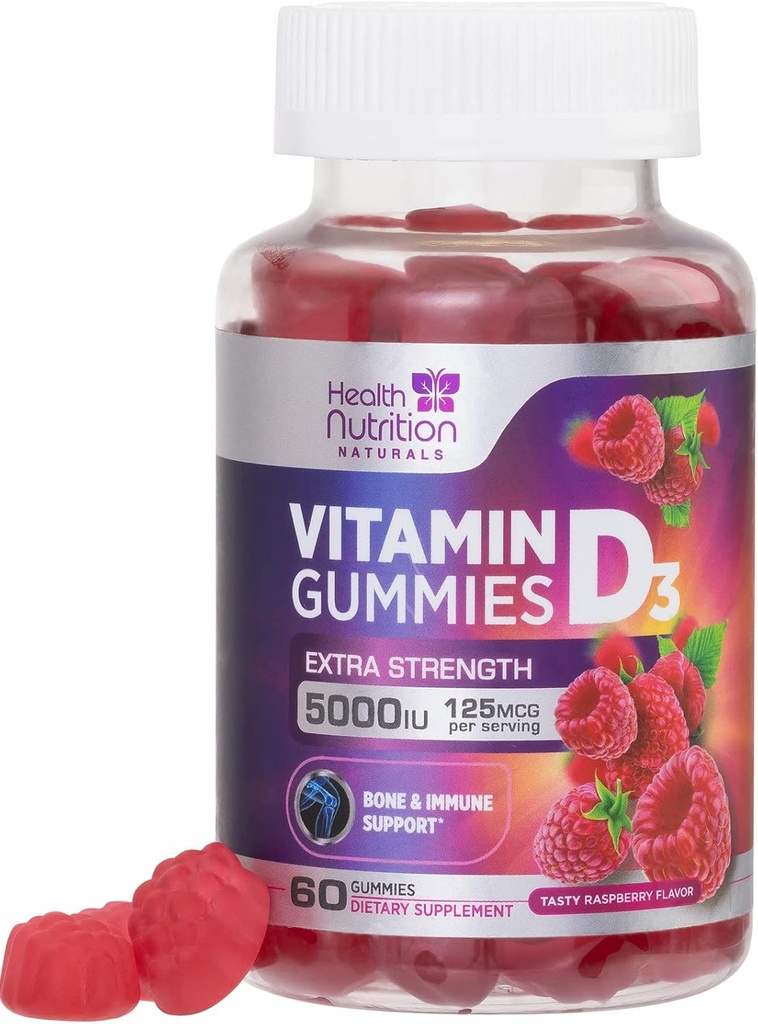 D3 Vitamini 5000 İ (125 mcg) - Triple Strength Bone ve Immune Support, D Gummy Diyetary Supplement, Nature's Berry D Vitamin Tamam, Raspberry Flavored, Non-GMO - 60 Gummies