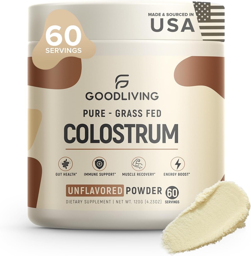 GoodLiving Grass Fed Colostrum Toz Immune Support, Gut Health, Muscle Support & Wellness - Grass Fed Colostrum for Women & Men, Natural IgG Pure Whole Colostrum, Unflavored, 60 Hizmetler