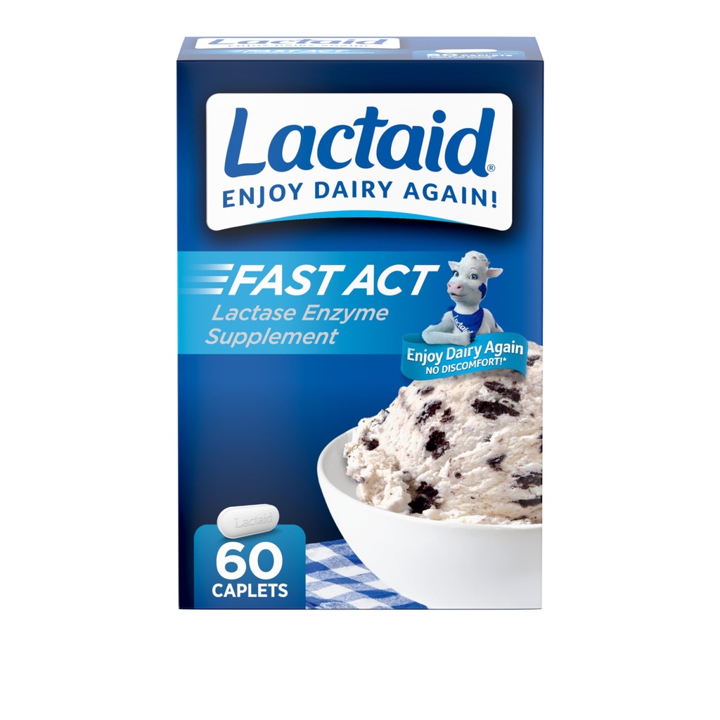 Lactaid Fast Act Lactose intolerance Relief Caplets, Lactase Enzyme Gas, Bloating and Diarrhea Due to Lactose sensitiveity, Single-Serve Supplements for Travel and On-Go, 60 Count