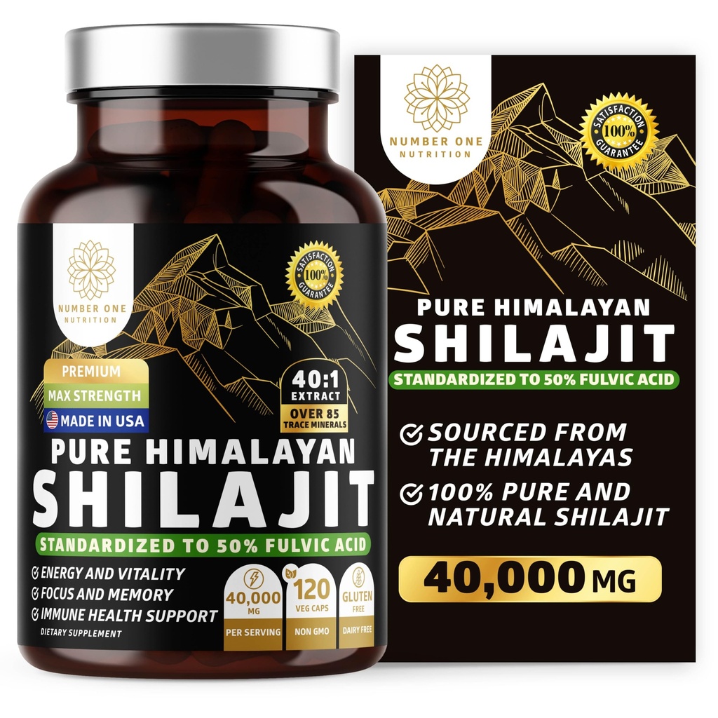 Pure Himalaya Shilajit Supplement for Men and Women, [40,000MG, Max Strength] Contains% 50 Fulvic Acid with Over 85 Trace Minerals to Support Energy, Brain and Immunity, 120 Veg Caps