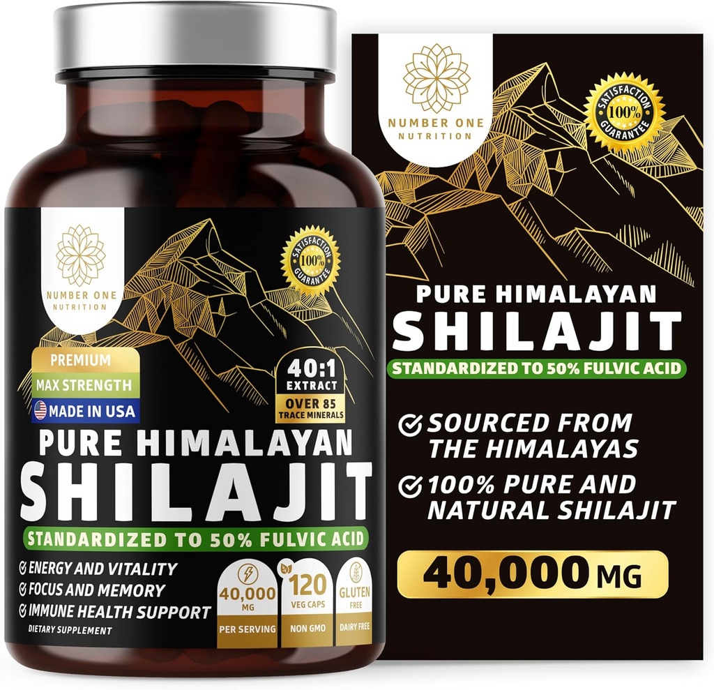 Pure Himalaya Shilajit Supplement for Men and Women, [40,000MG, Max Strength] Contains% 50 Fulvic Acid with Over 85 Trace Minerals to Support Energy, Brain and Immunity, 120 Veg Caps