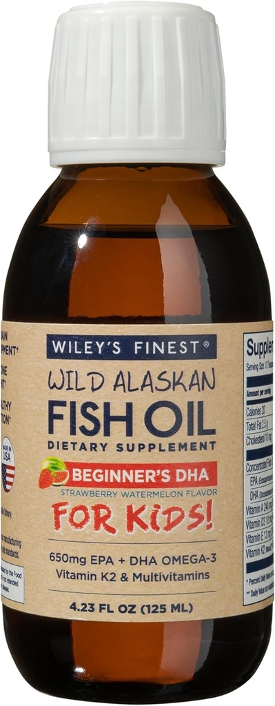 Wiley's Finest Wild Alaskan Yeni başlayanlar DHA - 1 ve Up - 650 mg of EPA and DHA Omega-3s - Strawberry Watermelon Flavor - 423 Oz (50 hizmet)