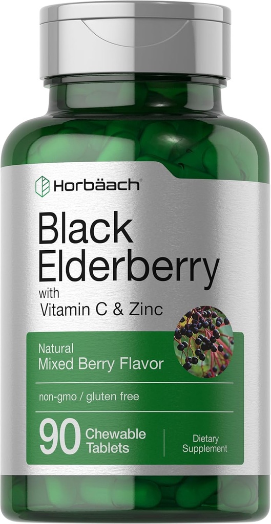 Horbaach Black Elderberry ile C ve çinko | 90 Chewable Tabletler | Karma Berry Flavor | Immune Support Complex | Vegetarian, Non-GMO ve Gluten Free Supplement Supplement