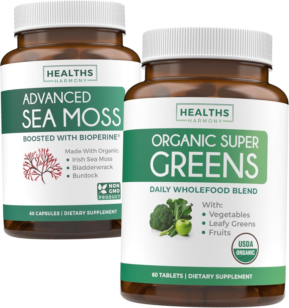 İrlandalı Deniz Moss & Organik Süper Yeşiller (1-Month Supply) Supercharge Duo Sche - Organik İrlandalı Denizmosları - Raw Vegan Superfood (60 Caps) & Organic Greens Toz 28 Meyve ve Sebze (60 Caps)