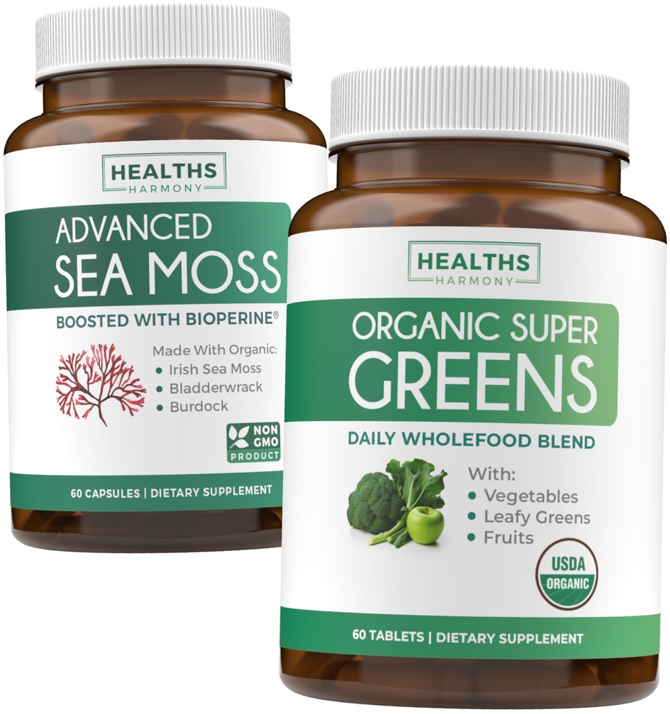 İrlandalı Deniz Moss & Organik Süper Yeşiller (1-Month Supply) Supercharge Duo Sche - Organik İrlandalı Denizmosları - Raw Vegan Superfood (60 Caps) & Organic Greens Toz 28 Meyve ve Sebze (60 Caps)