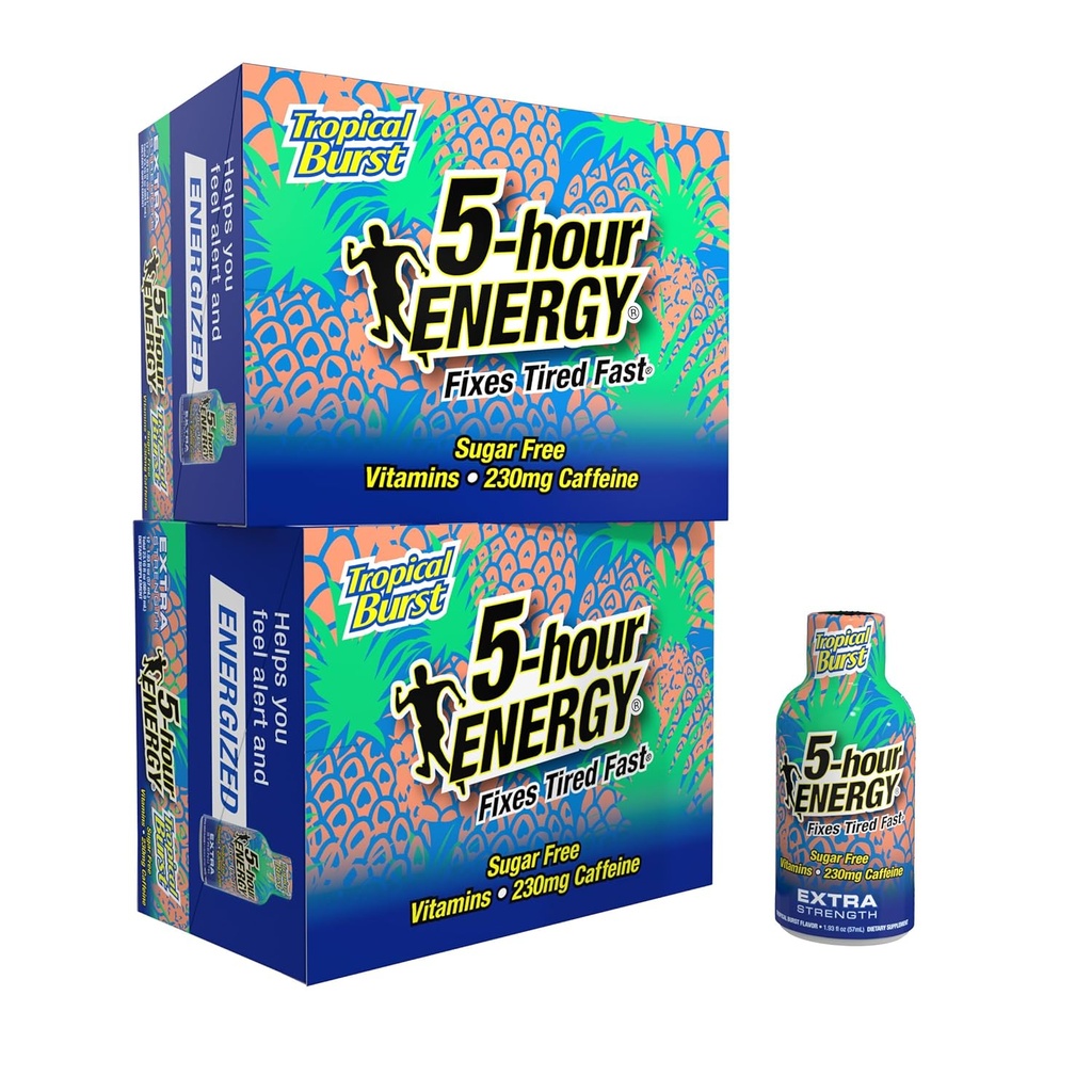5 ώρες ΕΝΕΡΓΕΙΑ Extra Strength Energy Shot, Tropical Burst Flavor (1,93 oz., 24 Count) Zero Calories & Sugar-Free 230 mg Caffeinated Shot, Amino Acids & B Vitamins, Συμπλήρωμα διατροφής