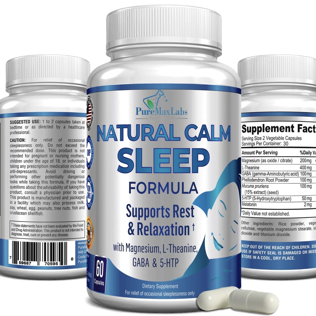 Doğal Calm, Magnezyum, L-Theanine, Melatonin, GABA, 5-Htp | Sleep Aid | Non-GMO - 60 Capsules