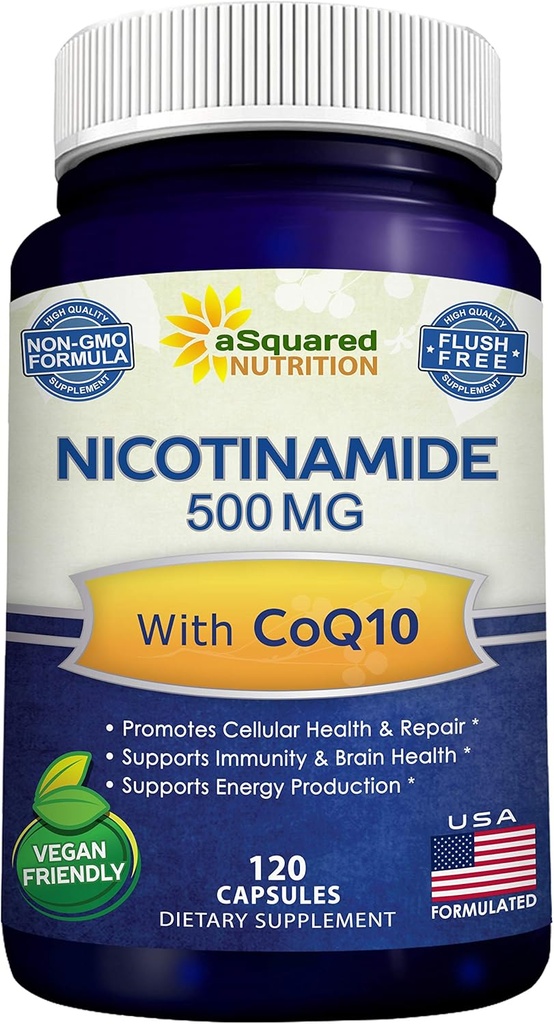 CoQ10 (120 Capsules) ile Nicotinamid - B3 500 mg (Niacinamid Flush Free) - Coenzyme Q10 Toz - VIT B-3 & Coq 10 Pills to Support Energy, NAD, & Skin Cell Health