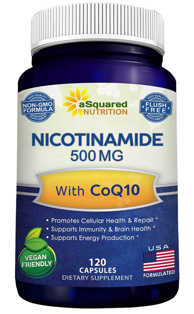 CoQ10 (120 Capsules) ile Nicotinamid - B3 500 mg (Niacinamid Flush Free) - Coenzyme Q10 Toz - VIT B-3 & Coq 10 Pills to Support Energy, NAD, & Skin Cell Health