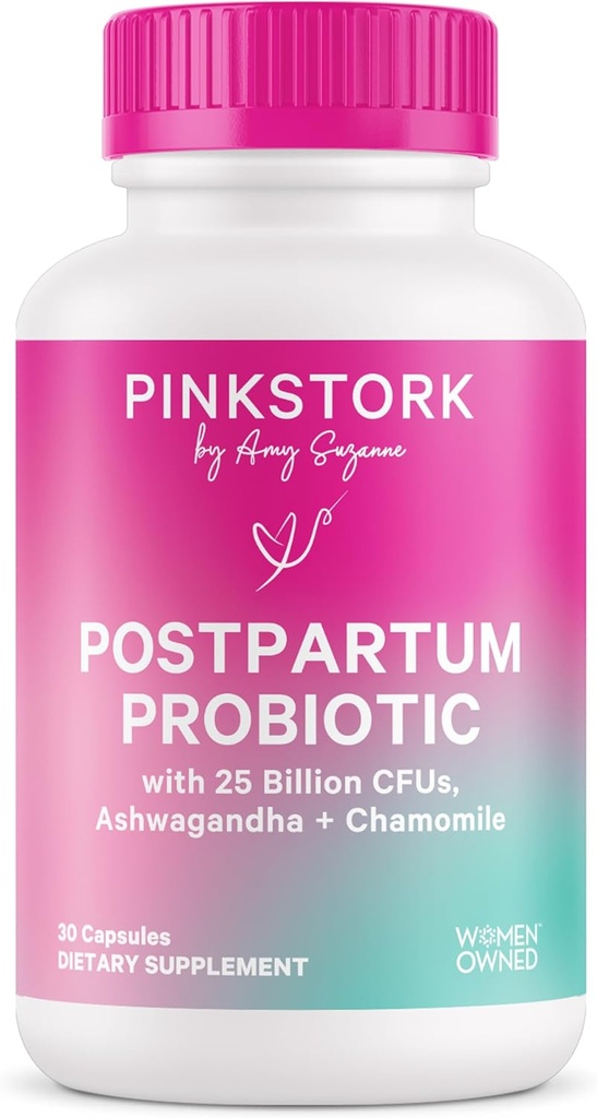 Pink Stork Probiotics για μεταγεννητικές γυναίκες - 30 δισεκατομμύρια CFUS με Ashwagandha και χαμομήλι, Επιλόχεια Απαραίτητα για την ισορροπία ορμονών, Mood Support, Gut Health, Digestive Wellness, 30 κάψουλες