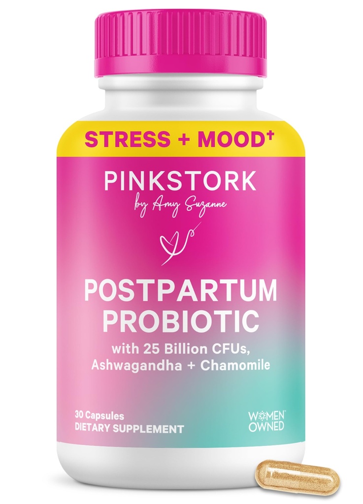 Pink Stork Probiotics για μεταγεννητικές γυναίκες - 30 δισεκατομμύρια CFUS με Ashwagandha και χαμομήλι, Επιλόχεια Απαραίτητα για την ισορροπία ορμονών, Mood Support, Gut Health, Digestive Wellness, 30 κάψουλες