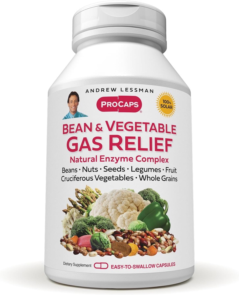 ANDREW LESSMAN Bean and Fegetary Gas Relief 60 Κάψουλες - Natural Enzyme Complex Μειώνει το αέριο, Αυξάνεται από Φασόλια, Κρουσοφόρα Λαχανικά, Φρούτα, Σπόροι και Άλλα Τρόφιμα. Απαλά και αποτελεσματικά
