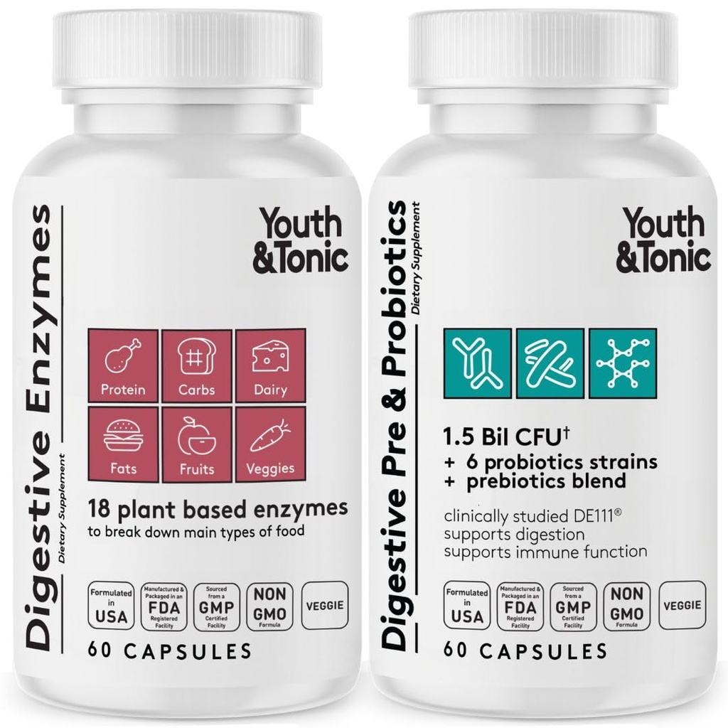Youth & Tonic Digestive Supplement for Bloating, Regularity & Gut Health. Full Spectrum Enzymes Probiotics & Prebiotics for Digestion to Break Down Food and to Use Daily, for Women & Men – 120 Χάπια