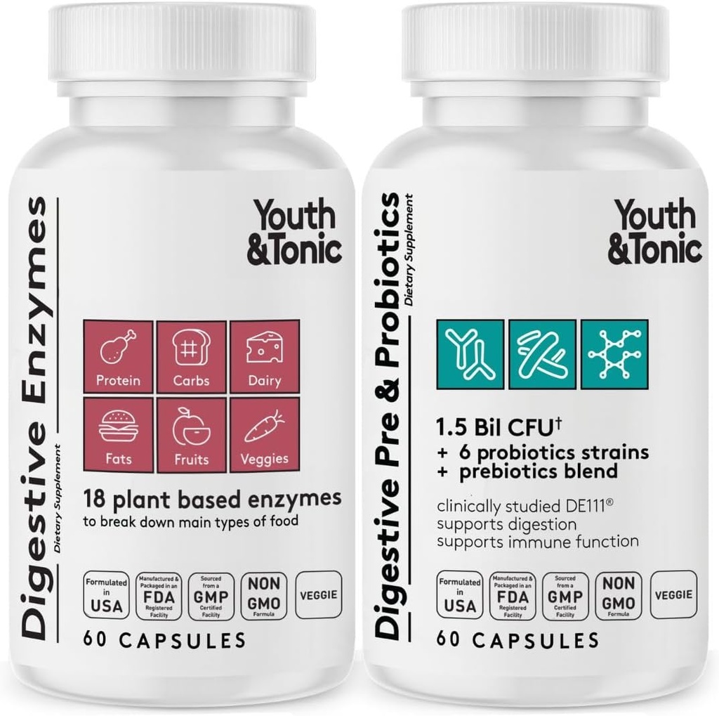 Youth & Tonic Digestive Supplement for Bloating, Regularity & Gut Health. Full Spectrum Enzymes Probiotics & Prebiotics for Digestion to Break Down Food and to Use Daily, for Women & Men – 120 Χάπια