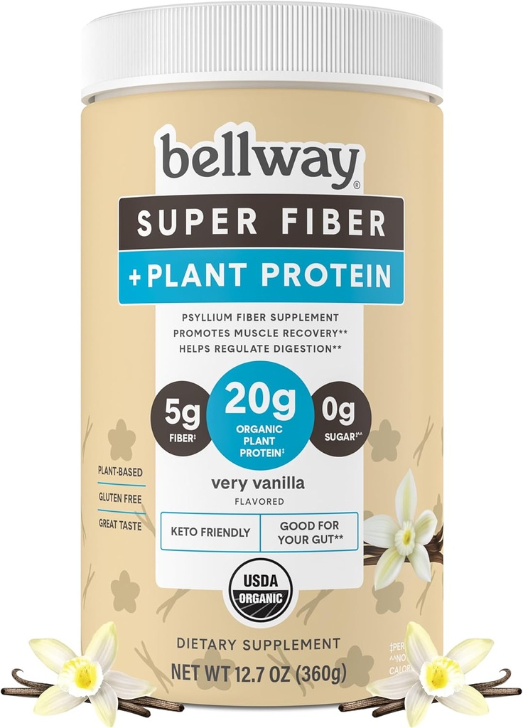 Bellway Super Fiber + σκόνη πρωτεΐνης, χωρίς ζάχαρη οργανικό Psyllium Husk Fiber συμπλήρωμα σκόνης με 20g πρωτεΐνη φυτών ανά υπηρεσία, Very Vanilla, 12.7 oz