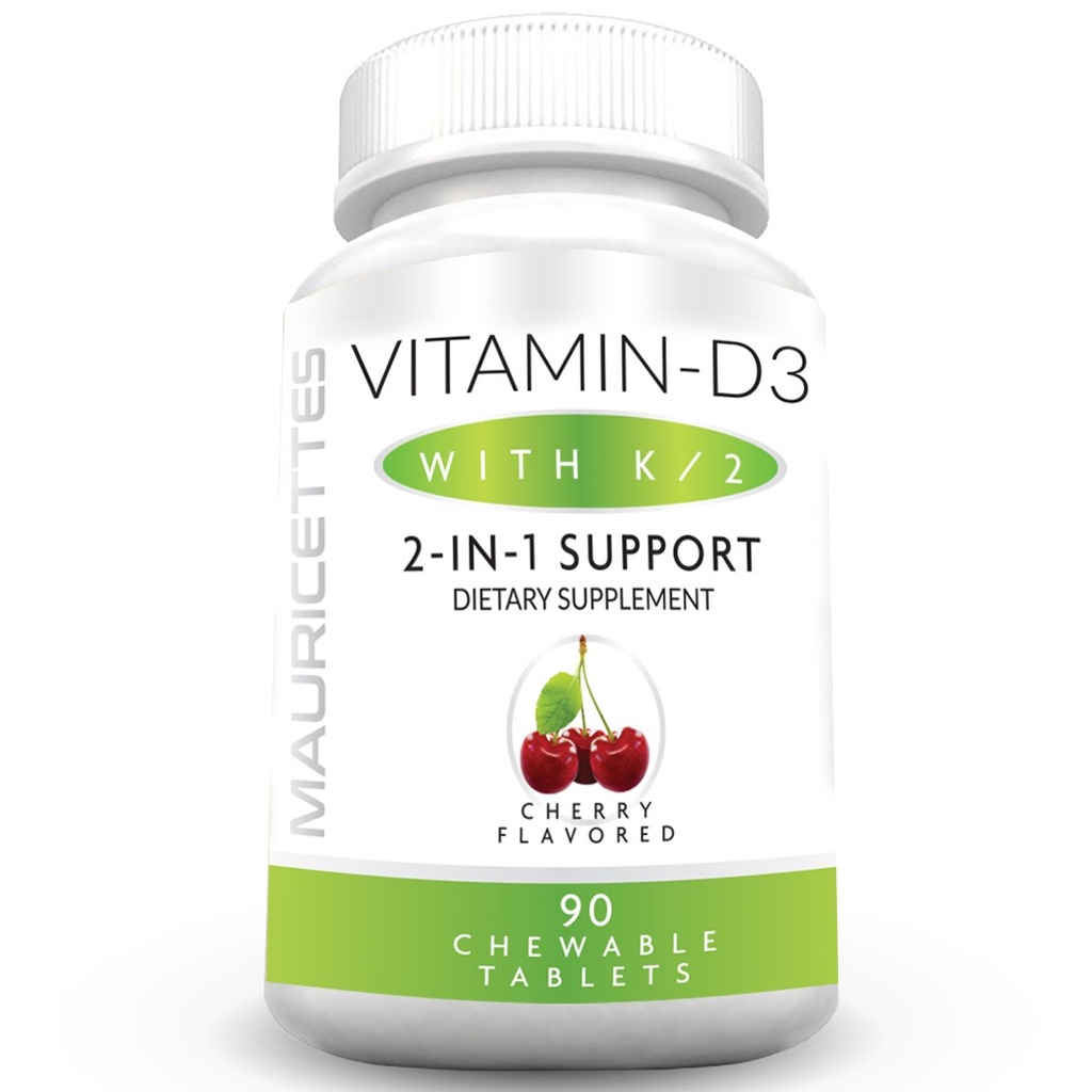 Mauricettes Μασώμενη βιταμίνη D3 με K2 – 2-σε-1 Υποστήριξη για την Υγεία των οστών & της καρδιάς – Ανοσοποιητικό Αναμνηστικό – Φυσικό άρωμα κερασιού – 90 δισκία για ενήλικες & παιδιά