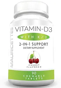 Mauricettes Chewable Vitamin D3 ile K2 – 2in-1 Bone & Heart Health Support – Immune Branson – Doğal Cherry Flavor – Yetişkinler ve Çocuklar için 90 Tablet