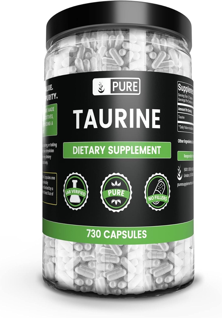PURE ORIGINAL INGREDIENTS Taurin (730 Capsules) Magnezyum Or Rice Fillers, Always Pure, Lab TY