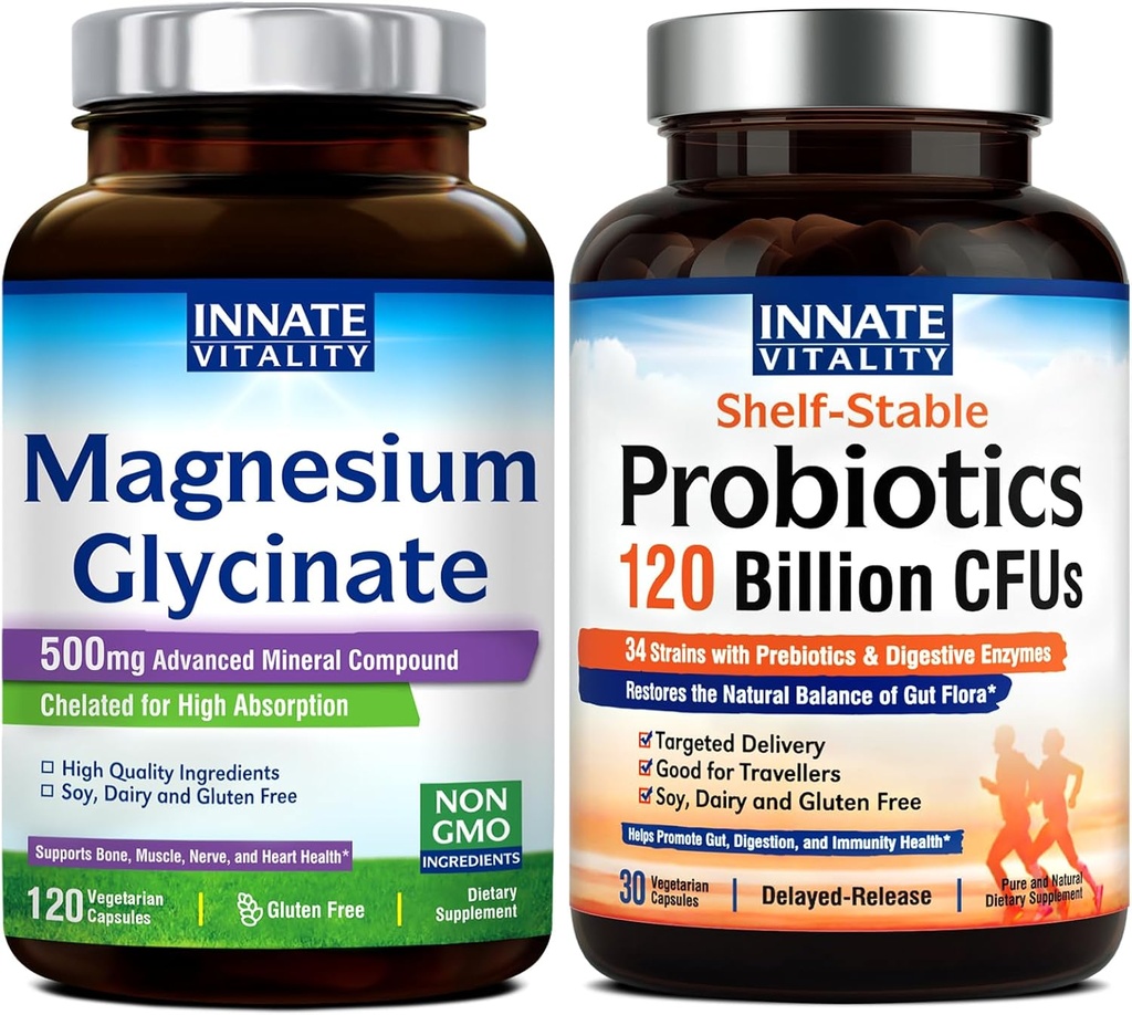 Innate Vitality Magnezyum Glycinate & Probiyotiks 120 Milyar Gluten Süt Soy & Vegan, Magnezyum (120 Caps) & Probiyotik (30 Caps)