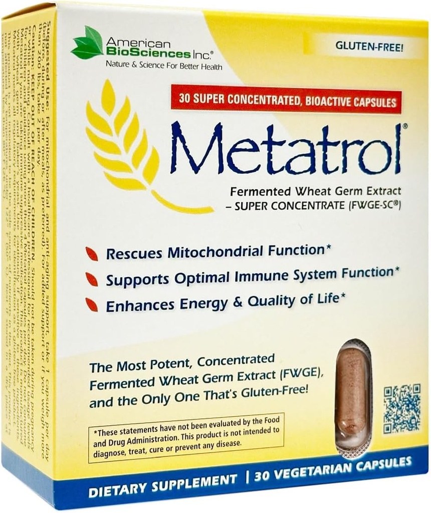 American BioSciences Metatrol Fermented Wheat Germ Extract - Immune & Mitochondria Support for Renewed Vitality & Advancedd Energy - Gluten Free - 30 Vegetarian Capsules, 41 mg