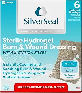 SilverSeal Burn and Wound Dressing, Hydrogel Pads with X-Static Silver, Soothing, Moist & Protective for Burns, Cuts & Wounds, 2" x 3" Sterile Dressings, 6 Count