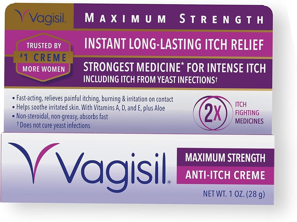 Vagisil μέγιστη δύναμη Feminine Anti-Itch Κρέμα με Benzocaine για τις γυναίκες, Βοηθά στην ανακούφιση της μόλυνσης της ζύμης Ερεθισμός, γυναικολόγος Δοκιμασμένος, γρήγορη δράση, καταπραϋντικά και δροσιστικά δέρμα, 1 oz