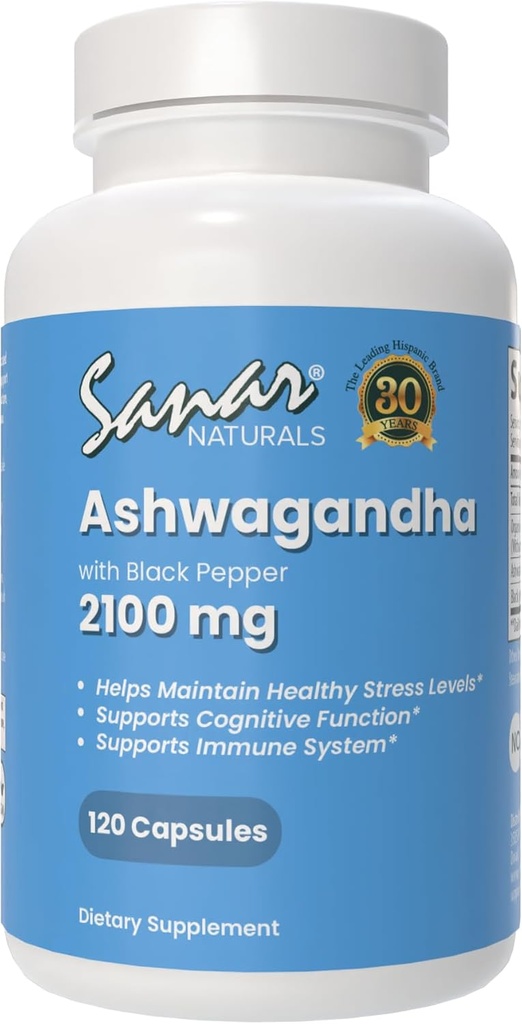 Sanar Naturals Ashwagandha 2,100 mg - Stress & Mood Support Supplement - Promotes Focus and Sustained Energy, Ashwaghanda Powder and Root Extract Blend with Black Pepper - Non-GMO, 120 Capsules