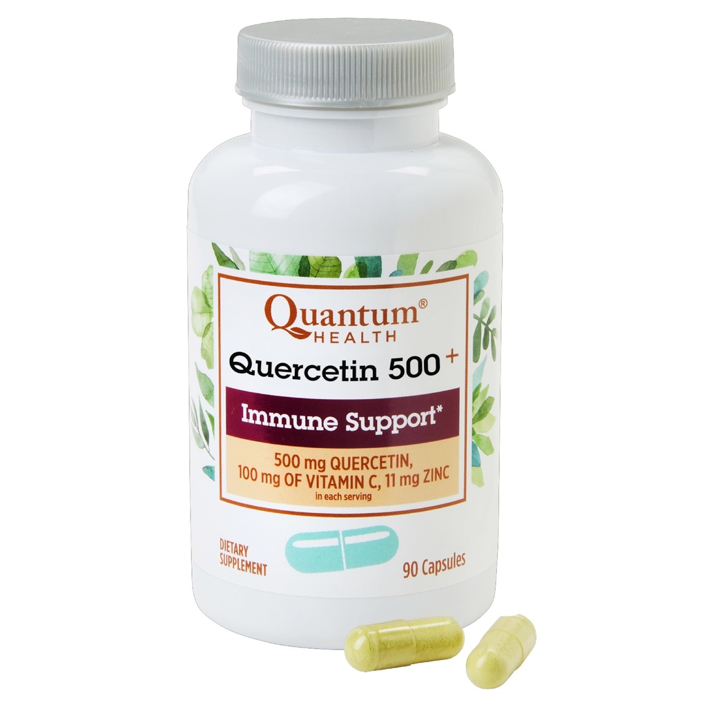 Quantum Health Quercetin+ 500mg Ισχυρό συμπλήρωμα υποστήριξης ανοσοποιητικού με ψευδάργυρο 11 mg & βιταμίνη C 100 mg - Εποχική Ανοσία Ενίσχυση, Αναπνευστική Υγεία & Σύμπλεγμα Στήριξης Ούρων για γυναίκες & άνδρες - 90 κάψουλες