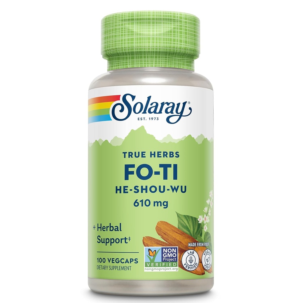 SOLARAY Fo-Ti 610 mg - Βότανο Υποστήριξη για τη γήρανση, τη μακροζωία, και τα μαλλιά, δέρμα & νύχια - Vegan - 60-Day Εγγύηση επιστροφής χρημάτων - 100 Υπηρεσίες, 100 VegCaps