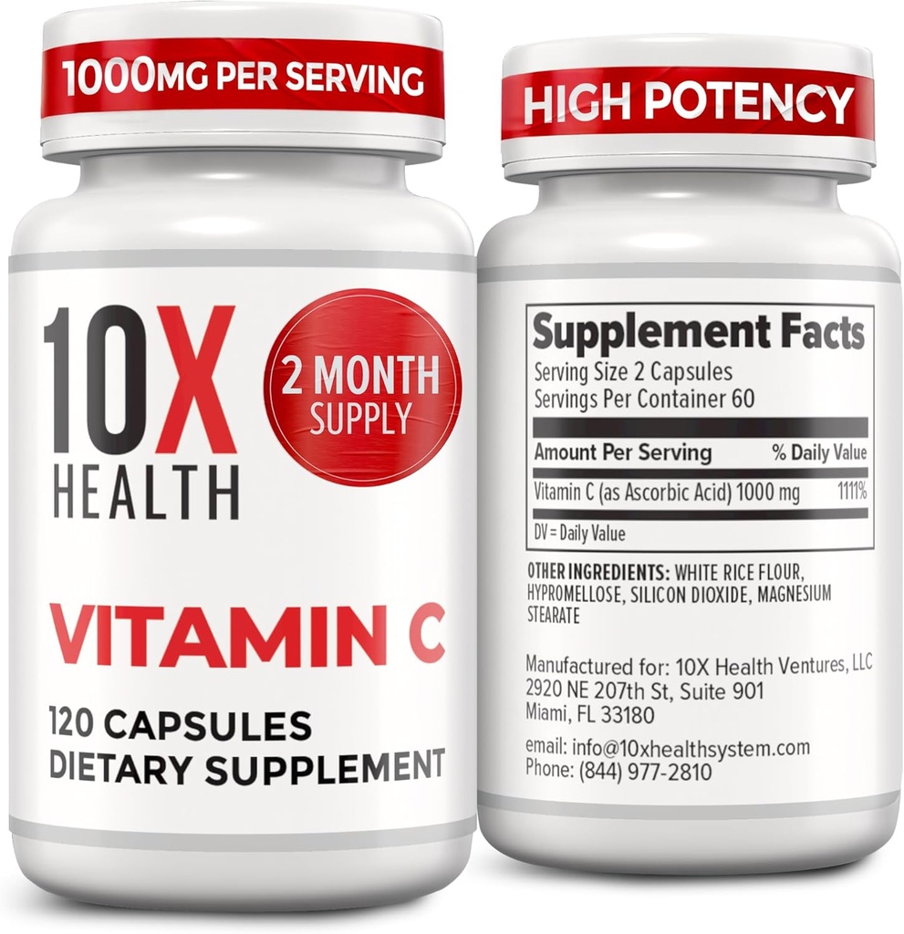 10X Υγεία Βιταμίνη C 1000mg - 120 Κάψουλες Βιταμίνη C, Υψηλής Δόσης Ασκορβικό Οξύ για Ανοσία, Αντιοξειδωτική Προστασία, Κολλαγόνο & Υποστήριξη Ιστού για Ενήλικες - Βιταμίνη C 1000 mg - Μη ΓΤΟ, Χωρίς Γλουτένη
