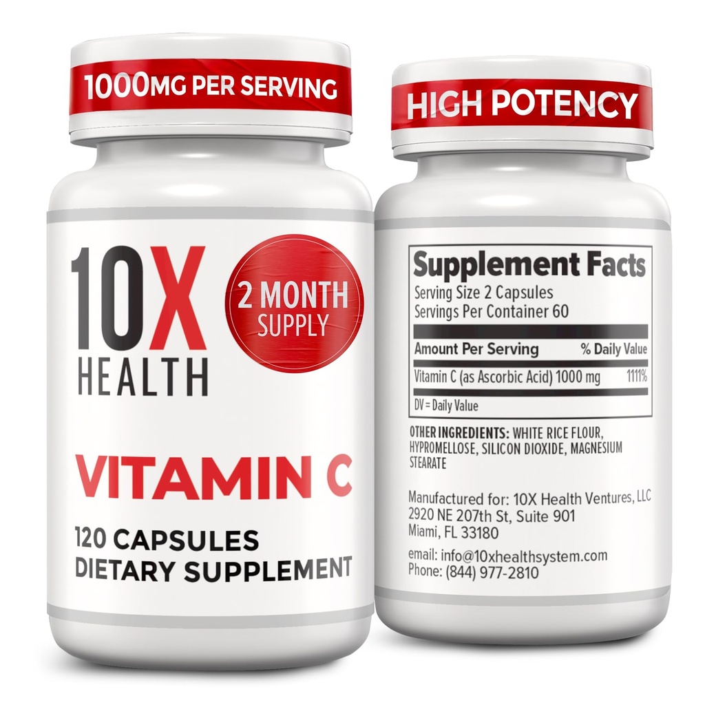 10X Sağlık Vitamini C 1000 mg - 120 Capsules C, Yüksek Dose Ascorbik Asit Immunity, Antioksi Koruma, Collagen & Tound Support for Yetişkinler - VitaminC 1000 mg - Non-GMO, Gluten-Free-GMO, Gluten-Free Asit